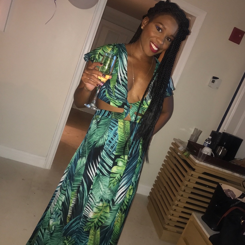 Tropical plunge neck maxi dress with sides out